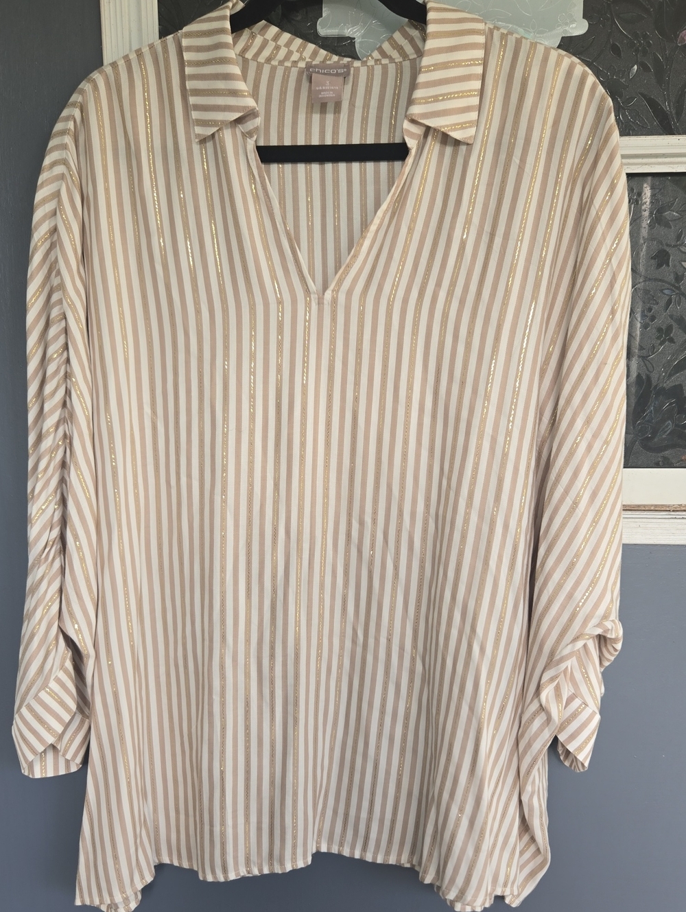 Chico's Cream and Gold Striped V-Neck Tunic